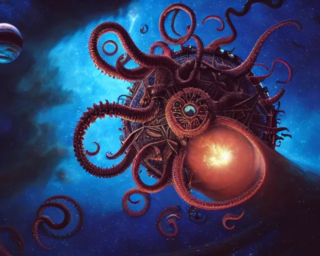 Prompt: a giant cosmic space kraken attacking an orbital space station, hyper realistic, volumetric lighting, intricately detailed, cosmic horror, vibrant colors, Art station, Epic scale, art by Greg Rutkowski, art by Ruth Asawa, art by Ted Nasmith, art by H.R. Giger, Octane render, Unreal Engine 3D, CryEngine, 8k,