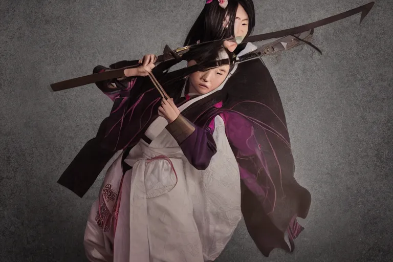 Image similar to beautiful photo of a young female samurai, practising sword stances, symmetrical face, beautiful eyes, huge oversized anime style sword, highly detailed, 8 k, award winning photo, muted pastels, action photography, 1 / 1 2 5 shutter speed, dramatic lighting