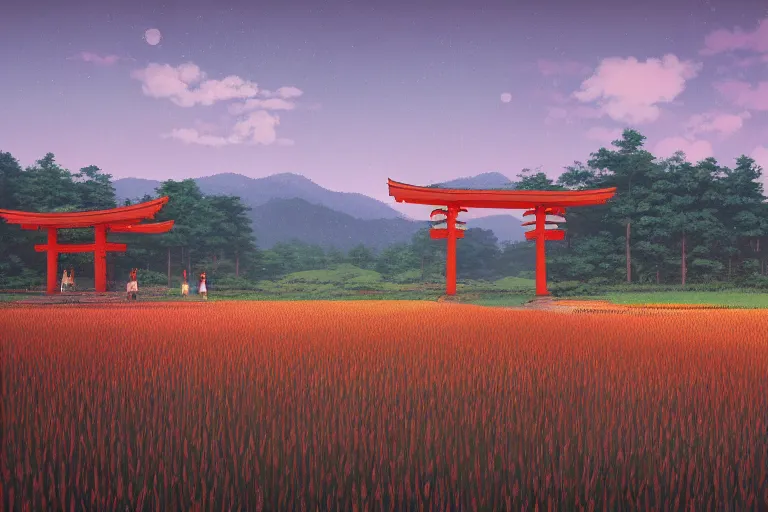 Prompt: hypnagogic reflections in the ricefields by Simon stalenhag and makoto shinkai, centered torii gate, japanese countryside