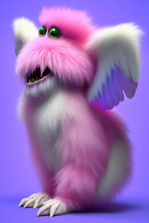 Prompt: high quality 3 d render hyperrealist very cute multipastel fluffy monster with fluffy wings, vray, smooth in _ the background, artstation