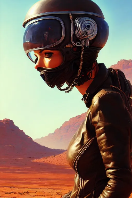 Image similar to a ultradetailed beautiful panting of post apocalyptic woman biker with helmet in front of burning desert, anatomically correct, pretty face, high detailed face, by ilya kuvshinov, greg rutkowski and makoto shinkai, trending on artstation