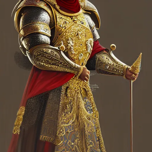 Image similar to detailed photorealistic of a capybara wearing a highly detailed ornamented gold crown with diamonds, in a medieval knight armor with red cape, standing in front of a highly detailed castle, sharp focus in the style of ruan jia, Mandy jurgens, cinematic light, concept art, trending on artstation, ultra realistic