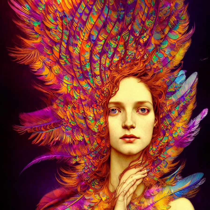 Image similar to face of innocent psychedelic transcendent feather mind bending psychedelic wings of glossy liquid honey flowing like kaleidoscopic translucent holograph, lsd feathers, feathery fluff, enlightenment, high contrast dappled lighting, refracted sunset, highly detailed, concept art, art by collier, albert aublet, krenz cushart, artem demura, alphonse mucha