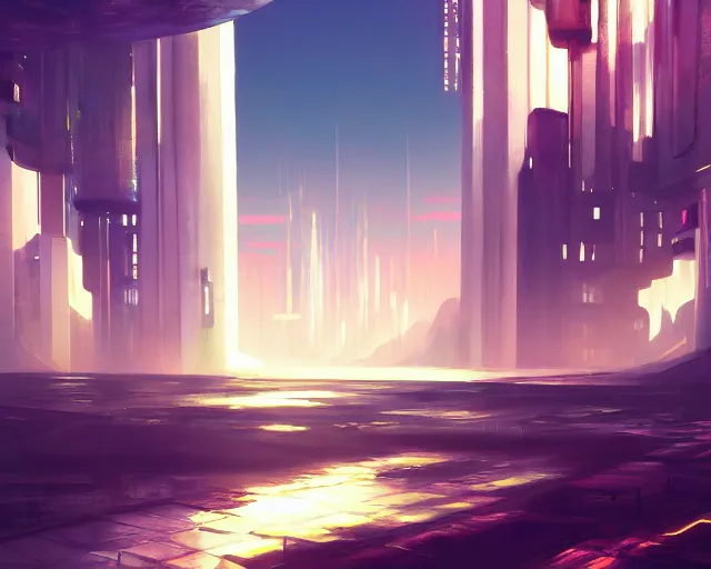 Image similar to scenery artwork, scene beautiful, light!! light essential futuristic city world and nature vegetation with daylight, surrealism oil on canvas, artstation!! pixiv!! dream scenery, quality astral projection render, nier automata concept art, vaporwave textures