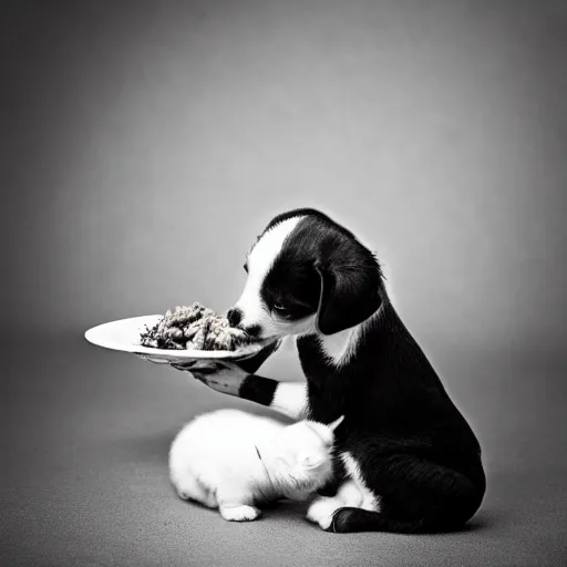 Image similar to black and white photography of a puppie sharing his meal with a small baby cat, animal photography, award winning photography by Leonardo Espina