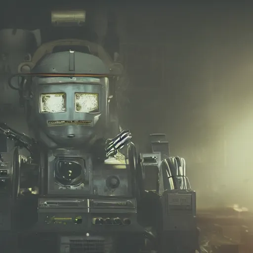 Image similar to head of toaster oven mecha, dark messy smoke - filled cluttered workshop, dark, dramatic lighting, orange tint, cinematic, highly detailed, sci - fi, futuristic, movie still