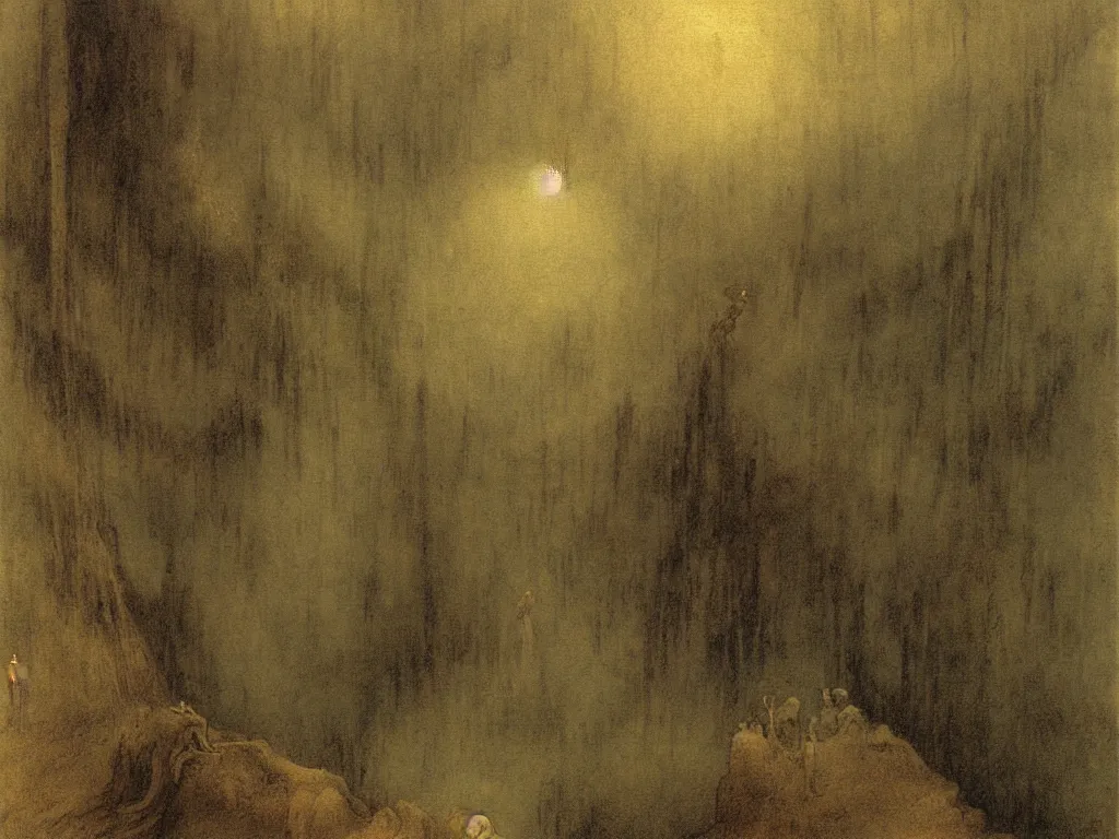 Prompt: Giant Balinese sculpted god in a ravine, fog, melancholy, noise, surreal canopy, Harsh, golden light, thunderstorm. Painting by Alfred Kubin, Caspar David Friedrich