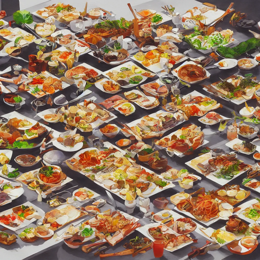 Image similar to a painting of a table full of japanese foods, concept art by taro yamamoto, pixiv contest winner, auto - destructive art, official art, concept art, pixiv
