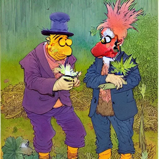 Prompt: a realistic and atmospheric watercolour fantasy character concept art portrait of bert and ernie with pink eyes smoking a huge blunt with a pot leaf nearby by rebecca guay, michael kaluta, charles vess and jean moebius giraud