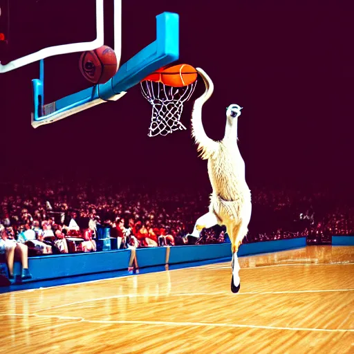 Image similar to a photo of a llama dunking a basketball, 4 k, photography, high resolution