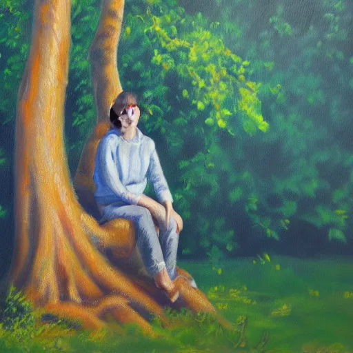 Image similar to beautiful oil painting of george sitting on a tree, day light, sunlight swamp, award - winning, matte,