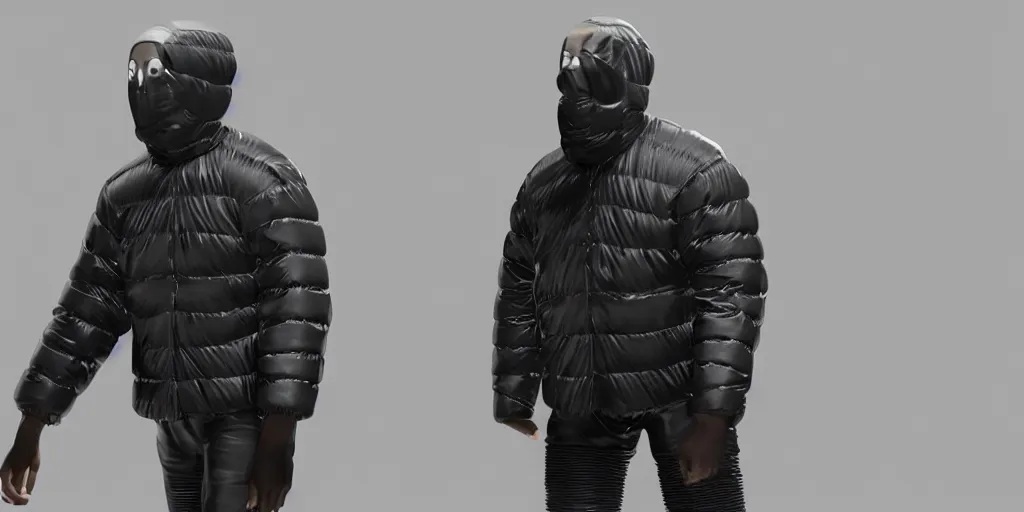 Prompt: kanye west wearing a full black face covering made from a cloth or fabric material, a small, tight and undersized reflective bright blue round puffer jacket made of nylon, reflective jeans pants made of nylon and big black balenciaga rubber boots in 3 d, blender, octane render, 3 d render, realistic, unreal engine, studio light, 4 k, 8 k