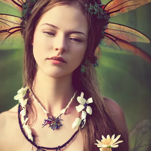 Prompt: dslr photo of a beautiful young woman with sitting on a bench wearing a flower skirt, and body and wearing hemp sandals and a very detailed faerie necklace around neck, artgerm, artstation, very high quality face, extremely high quality, moody lighting, full body show, real camera, real photo, photography by deviantart, 8 k