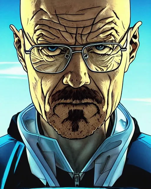 Image similar to portrait of walter white as a robot, cybernetic enhancements, art by makoto shinkai and alan bean, yukito kishiro