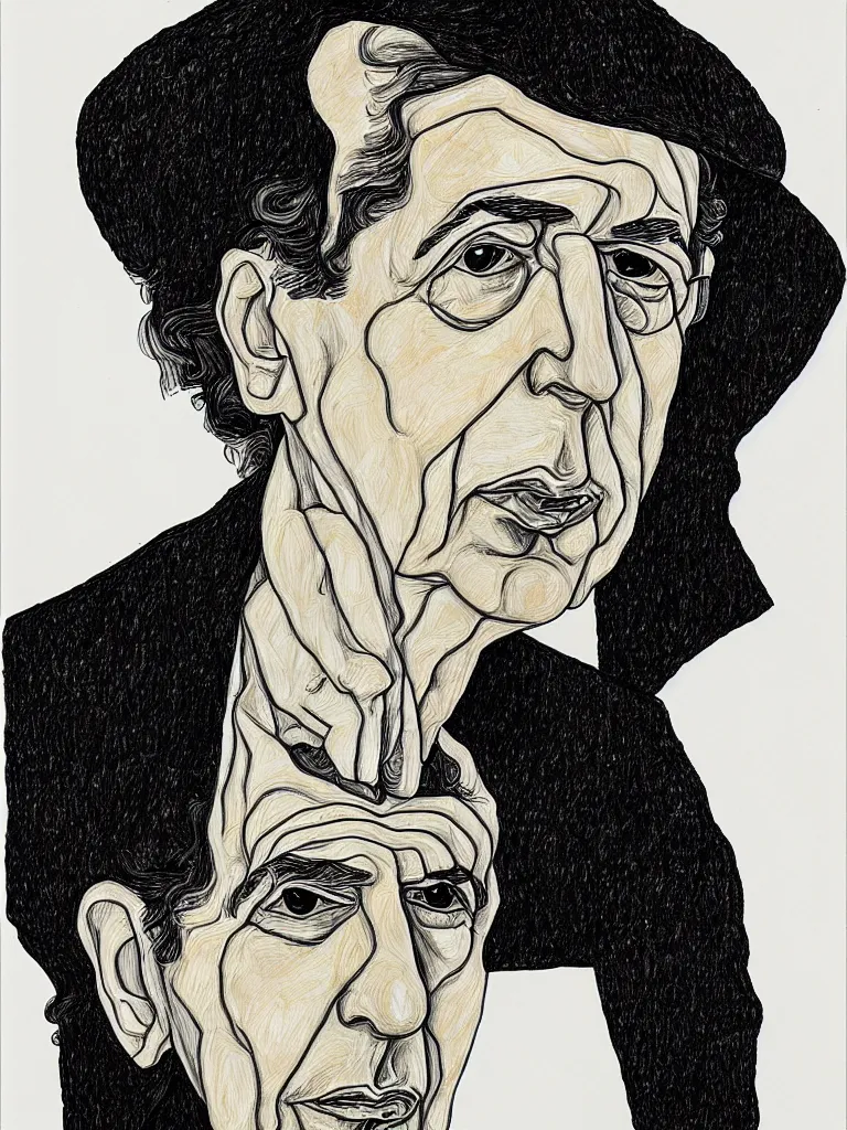 Image similar to a detailed line art portrait of writer leonard cohen, inspired by the work of egon schiele.