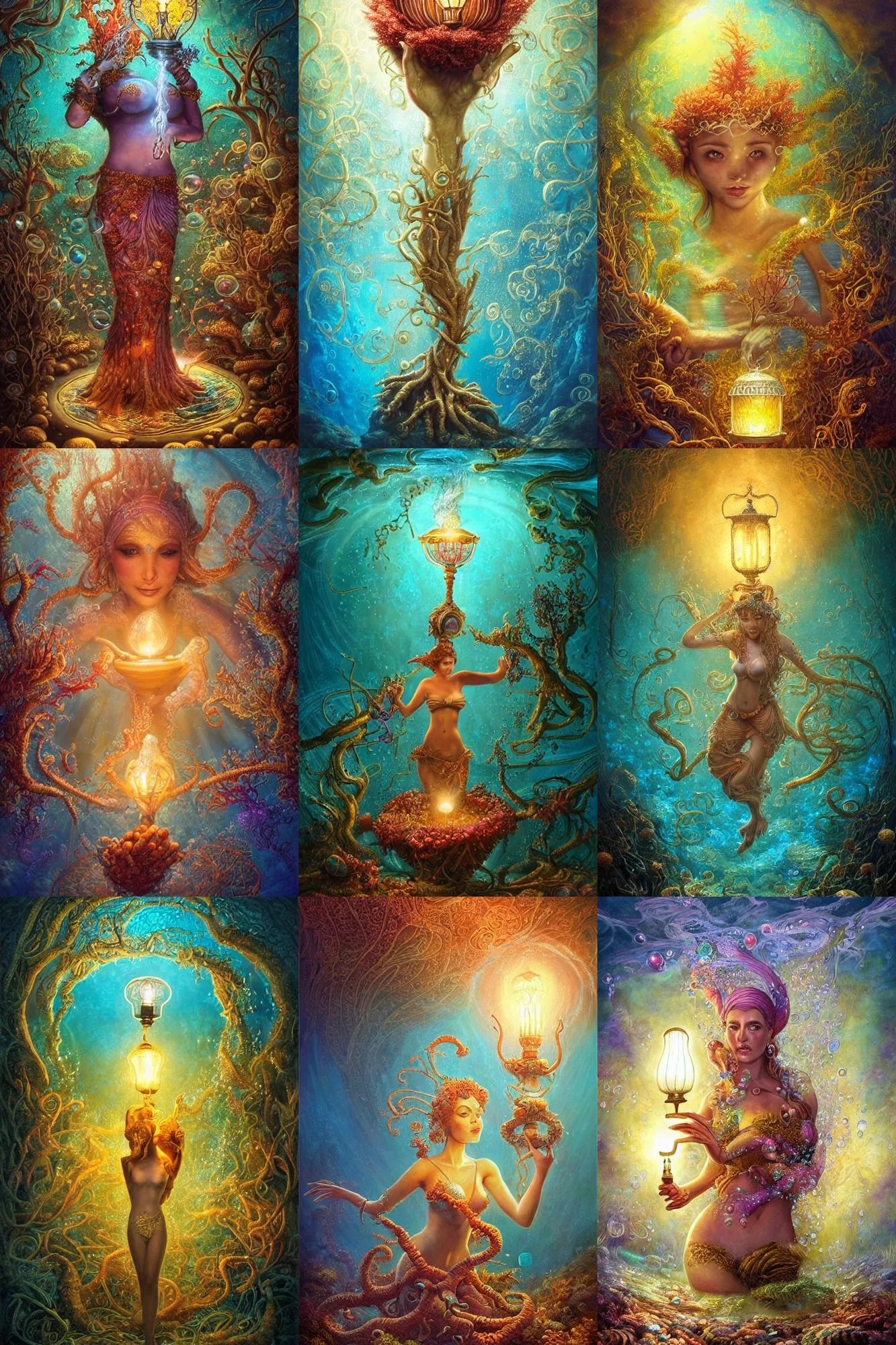 Prompt: a stunning ultra detailed underwater fantasy illustration of a genie holding a glowing lamp, overgrown with colorful coral, by tomasz alen kopera, underwater photography by juan oliphant, water bubbles, sun rays penetrating water, very detailed, deep depth of field, 2 4 mm lens, golden hour hues, soft lighting, artstation, highly coherent, 8 k