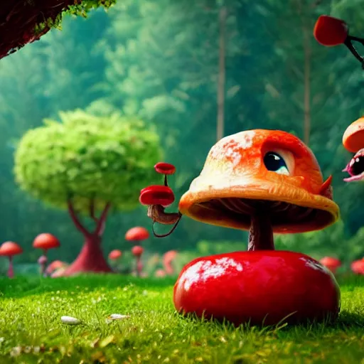 Image similar to beautiful cinematography of a cute fury monster eating lunch sitting on a red mushroom in a fantasy forest with living trees, in the style of a Pixar movie, wide shot, sharp and detailed, 3D model, 3D rendering, Octane render, raytracing, cinematic volumetric lighting