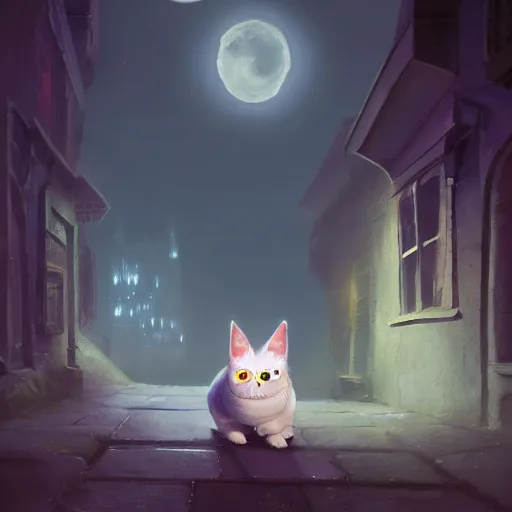 Image similar to Portraiture of Misty-Mitzy the Moon Moggy, huggy wuggy from poppy playtime video game sneaking through the streets of a medieval village at night, glowing lights, oil painting, Greg Rutkowski, Charlie Bowater, Beeple, unreal 5, DAZ, hyperrealistic, octane render, RPG portrait, dynamic lighting, fantasy art, beautiful face