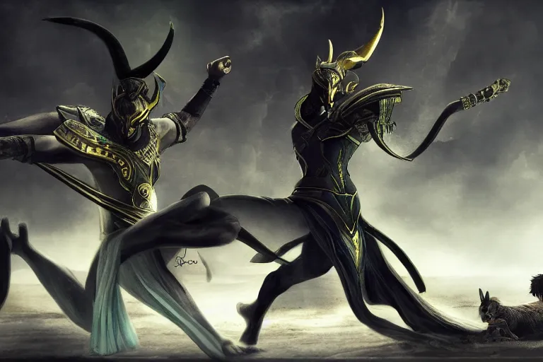 Image similar to battle to the death between anubis and loki, 4 k, hd, concept art