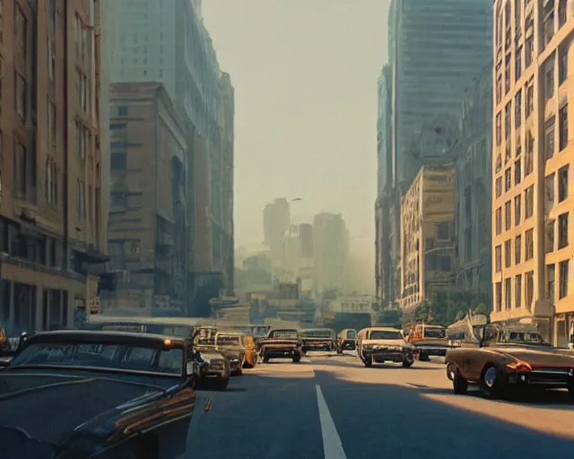 Image similar to a group of cars driving down a street next to tall buildings, a matte painting by andrey yefimovich martynov, pixiv, superflat, streetscape, anamorphic lens flare, photo taken with ektachrome