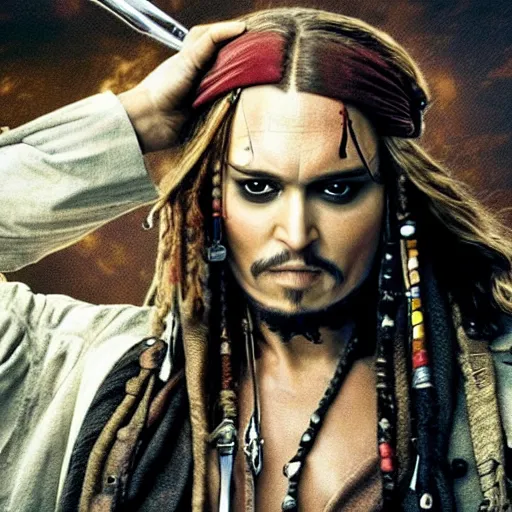 Image similar to Natalie Portman as Captain Jack Sparrow (Pirates of the Caribbean), dramatic cinematic portrait, rain