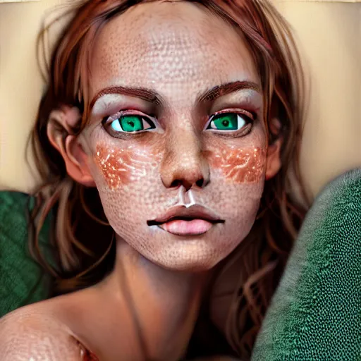 Image similar to intricate crisp portrait of a cute thin young woman, light bronze brown hair, very detailed vivid green eyes, red blush, light freckles, soft smile, casual clothes, relaxing on the couch, home interior, golden hour, close up shot, 8 k, art by irakli nadar, hyperrealism, hyperdetailed, ultra realistic