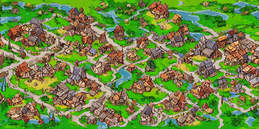 Image similar to a high detailed village vector art presenting an aerial view of a cartoonish rpg village by dungeondraft, dofus, patreon content, containing tables and walls, hd, straight lines, vector, grid, dnd map, map patreon, fantasy maps, foundry vtt, fantasy grounds, aerial view, dungeondraft, tabletop, inkarnate, dugeondraft, roll 2 0