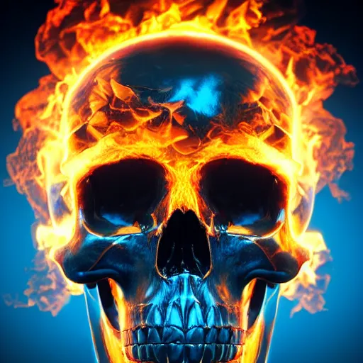 Prompt: a highly detailed human skull with intricate designs on fire in front of a neon blue background, 3 d, fire through eyes, octane render, symmetrical, hyper realism, highly detailed, digital art, artstation, concept art, cinematic lighting, strong bokeh, trending