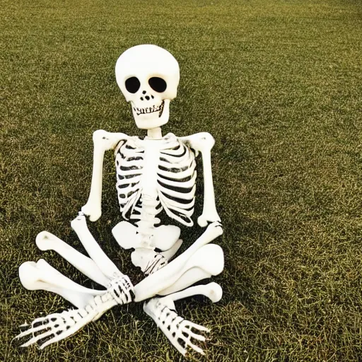 Prompt: white skeleton with red eyes sitting in green grass