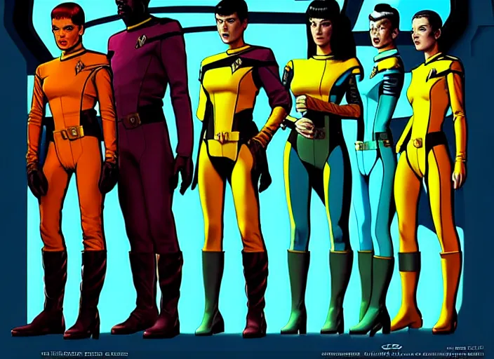 Prompt: cyberpunk star trek tos crew. portrait by stonehouse and mœbius and will eisner and gil elvgren and pixar. character design. realistic proportions. star trek 1 9 7 7 character art, blade runner 2 0 4 9 concept art. cell shading. attractive face. thick lines. the team. diverse characters. artstation.