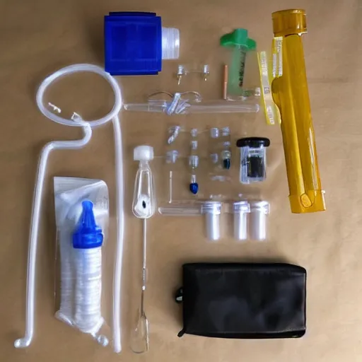 Image similar to musical instrument made out of clear tubing, syringes, urine collection bag, iv pole, fluid bag, nebulizer equipment