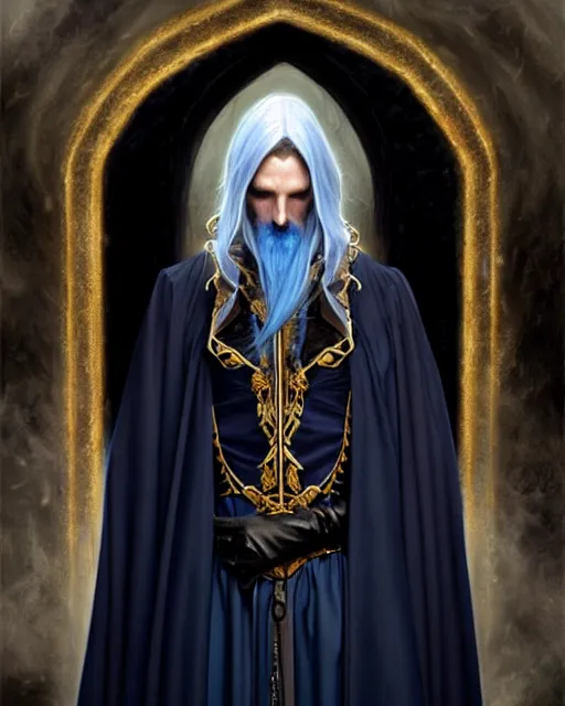 Image similar to male wizard at the end of time, long black hair blue eyes wearing cloth mantle gothic navy cloak with gold details, wizard town, fantasy character portrait, ultra realistic, intricate, elegant, cinematic lighting, highly detailed, digital painting, artstation, smooth, sharp, focus, illustration, art by artgerm and greg rutkowski and alphonse mucha