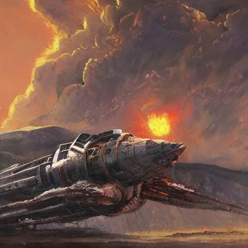 Image similar to a russian spaceship stuck in the ground, the spaceship is on fire, smoke, rainstorm, lightning, angry, kinetic, john sargent, adolphe bouguereaum, norman rockwell, style by peter deligdisch, concept art by jama jurabaev, trending on artstation, highly detailed oil painting,