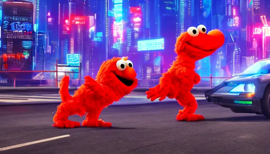 Image similar to elmo performs a drive - by shooting in cyberpunk night city