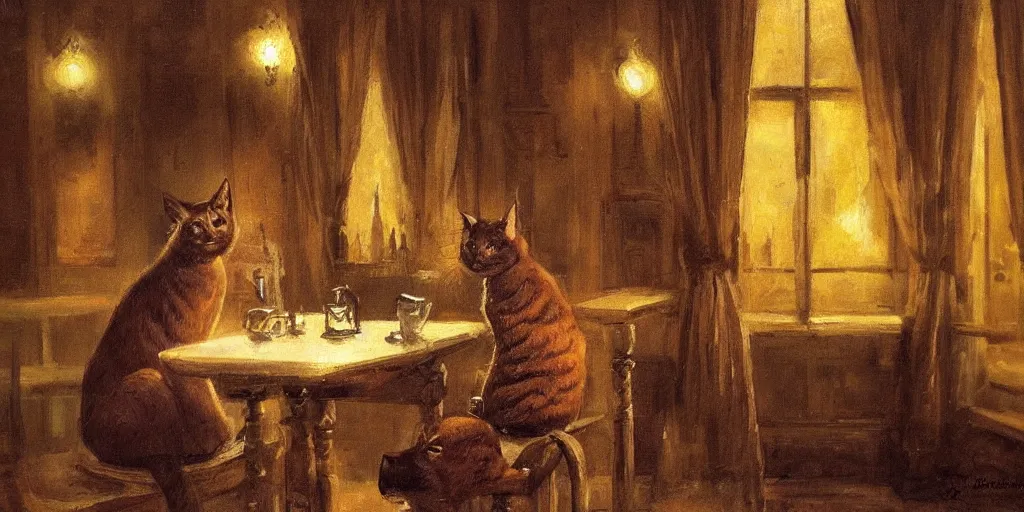 Prompt: brown cat with yellow eyes is sitting at table in a cafe at paris in early 2 0 th century. atmospheric feeling, warm colours, brown colours, yellow colours, epic scene, cinematic, very detailed, concept art