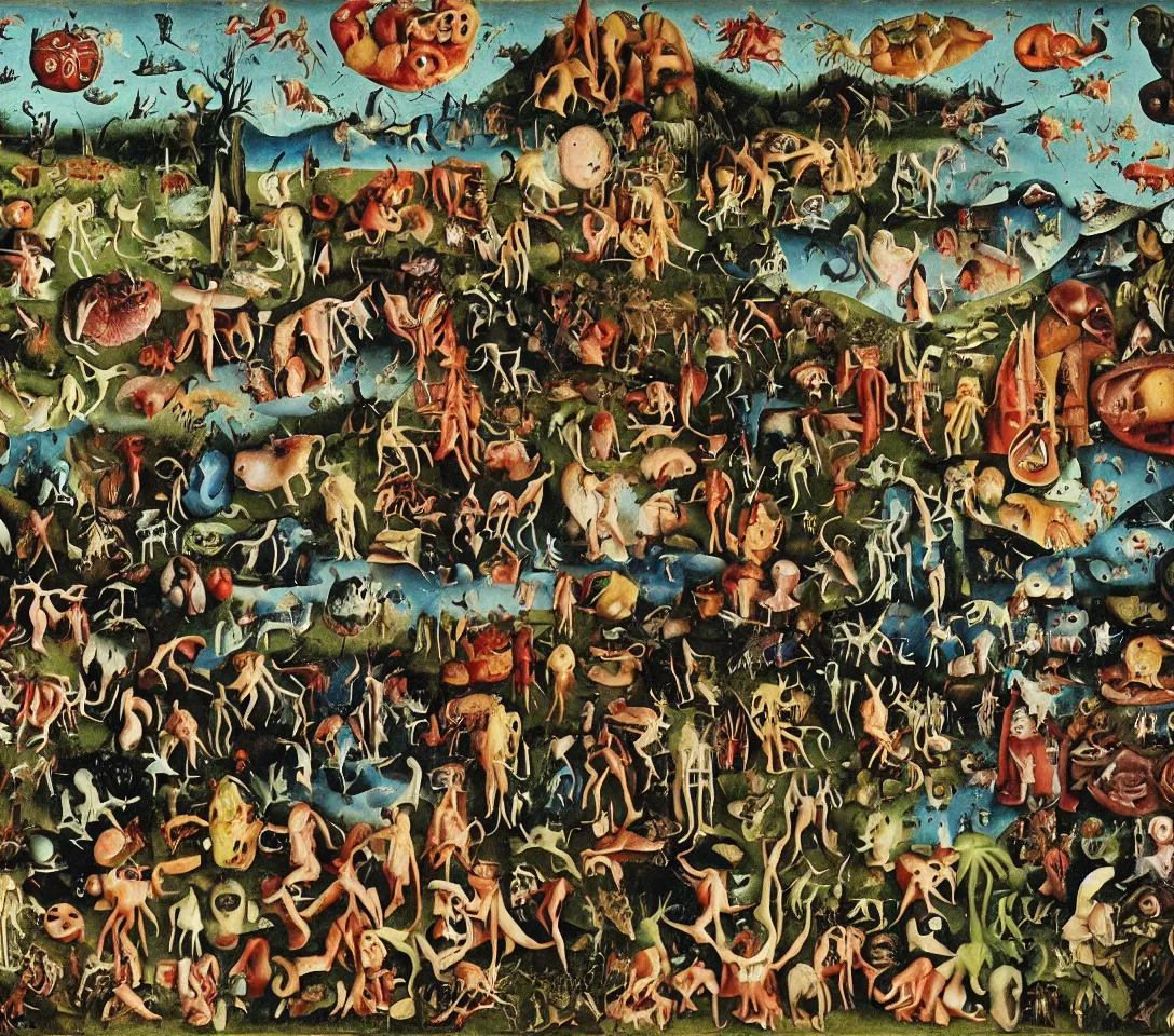 Image similar to 3 5 mm phtography, kodachrome of grandparents with alien, creatures and alien plants with garden of earthly delights bosch style