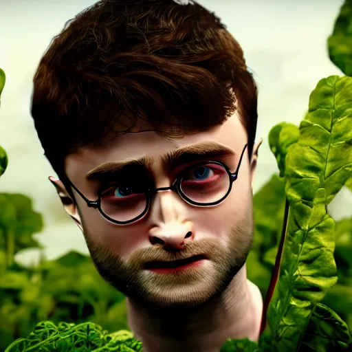 Image similar to hybrid of daniel radcliffe and a!! radish!!, film still,!! red skin!!,!! leaf ears!!, professional makeup, unreal engine 5, render, seeds, 8 k, trending on artstation