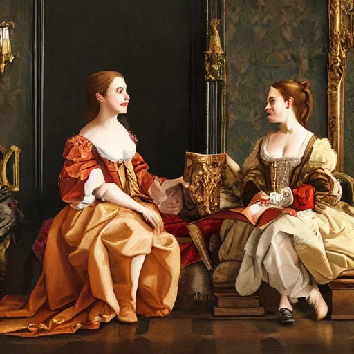 Prompt: Barock painting of Emma Watson having a conversation with Hermione Granger