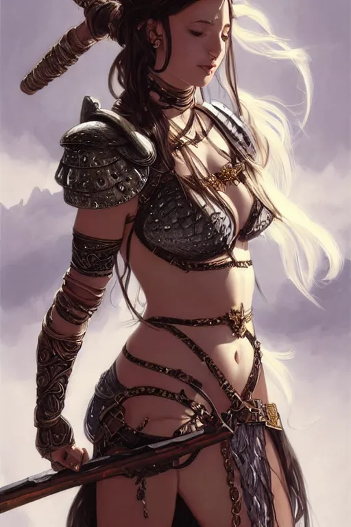 Image similar to Portrait of seductive female barbarian, D&D, revealing stylish dress like metal armor, choker on neck, long flowing hair, mouth slightly open, slight nerdy smile, fantasy, intricate, elegant, highly detailed, digital painting, artstation, concept art, smooth, sharp focus, illustration, art by artgerm and greg rutkowski and alphonse mucha