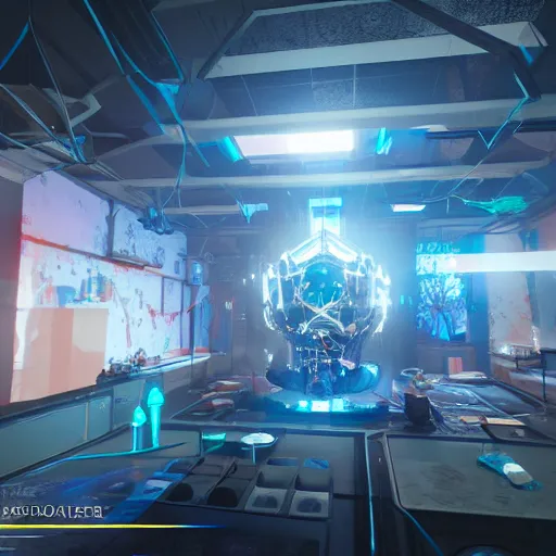 Image similar to cybernetic wonderland, artstation, raytracing, unreal engine, blue