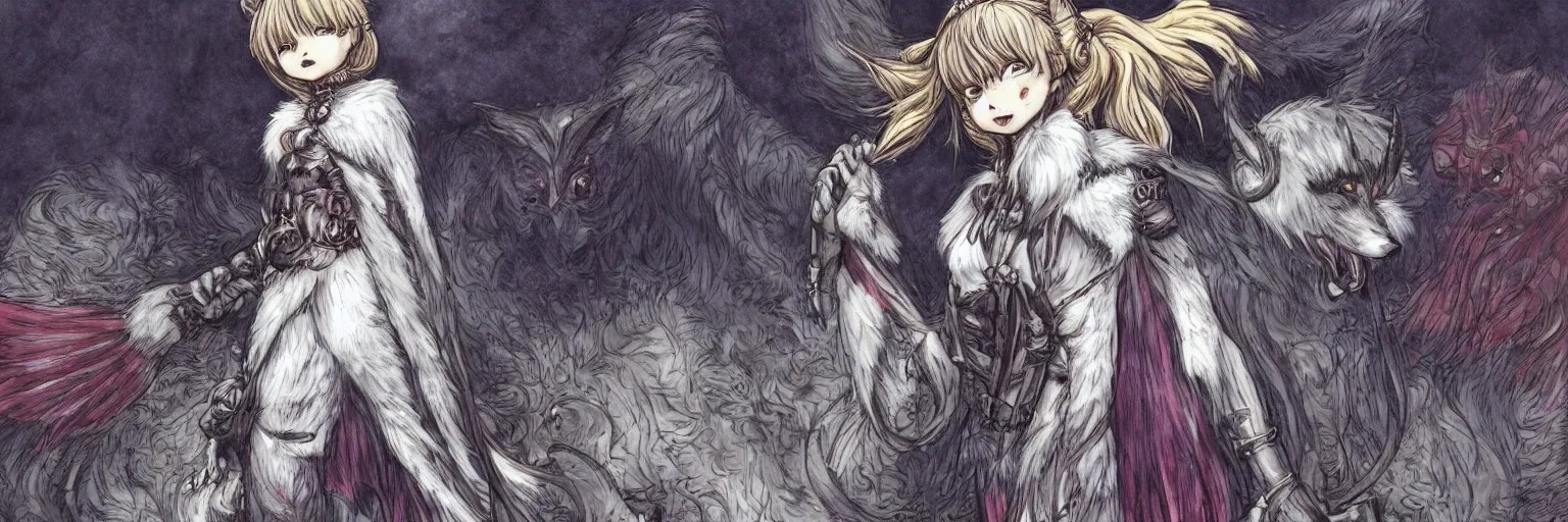 Prompt: a beautiful dressed furry girl, artstation hq, stylized, award winning, dark phantasy, colored page from the berserk manga, created by kentaro miura