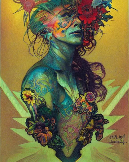 Prompt: rainbow flowerpunk portrait of a skateboarding tattooed matriarch by paul lehr, beksinski, alphonse mucha