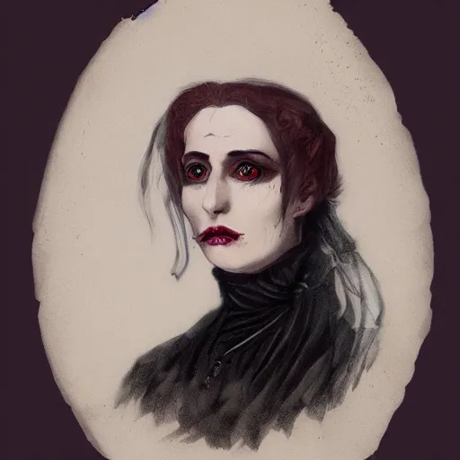 Image similar to head and shoulder professional portrait of a victorian female vampire, painted in the style of bloodborne, muted colors, vampire fashion, highly detailed, melancholy, vampire teeth