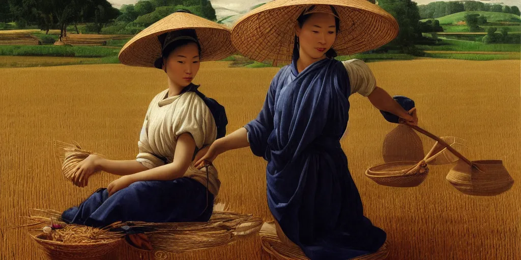 Image similar to beautiful oil matte portrait painting, vietnamese woman of a rice field tending to her work, wonderful masterpiece highly detailed, beautiful cinematic light deep focus, elegant, digital painting, smooth, sharp focus, golden ratio, dramatic illumination, ultra realistic, 8 k, art by artemisia lomi gentileschi and caravaggio