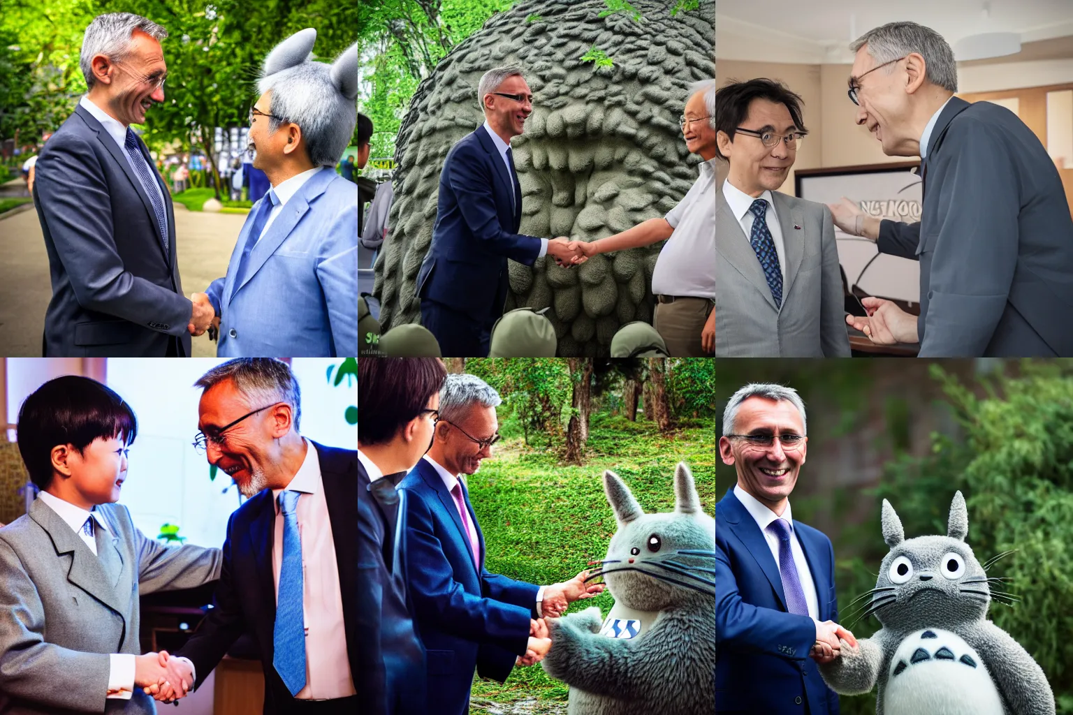 Prompt: Detailed photo of NATO general secretary Jens Stoltenberg meeting Totoro from the anime movie My Neighbor Totoro by Studio Ghibli and Hayao Miyazaki, Sigma 50mm f/5.6, high quality, trending on Artstation