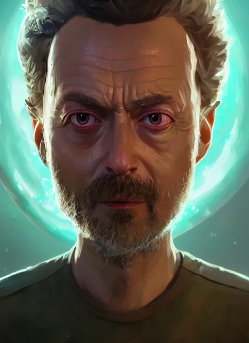 Image similar to fantasy portrait of rick from rick & morty, intricate abstract. intricate artwork, by greg rutkowski, wlop, beeple, dan mumford. concept art, octane render, trending on artstation, greg rutkowski very coherent symmetrical artwork. cinematic, key art, hyper realism, high detail, octane render, 8 k, iridescent accents