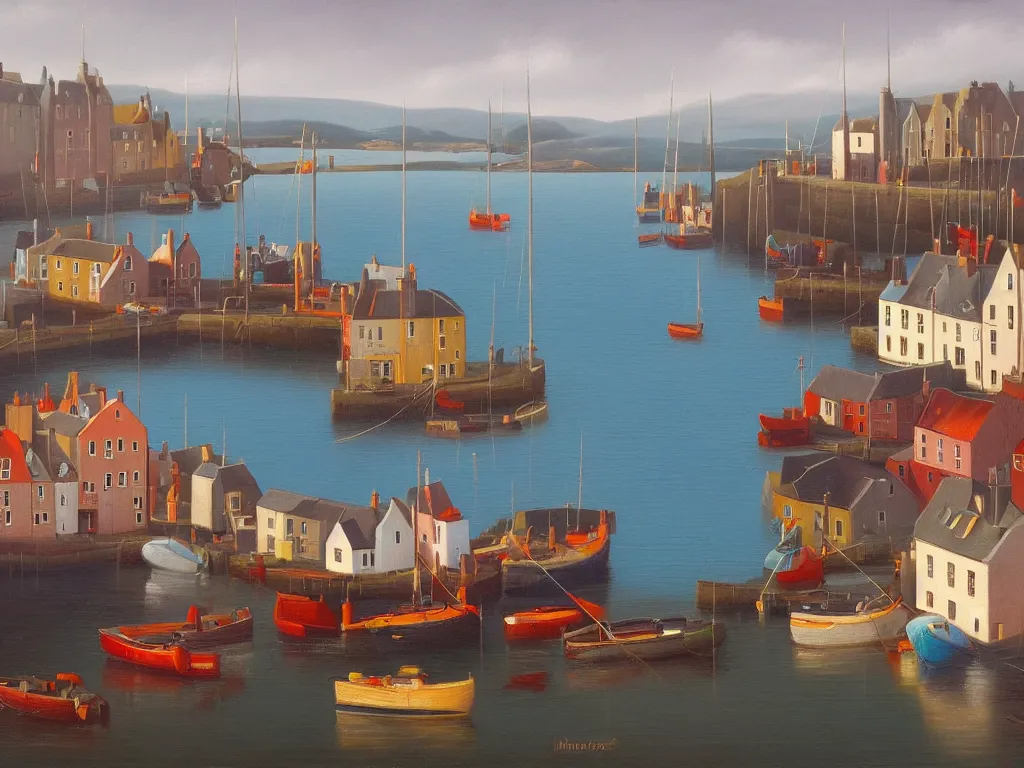 Image similar to A detailed oil painting of a beautiful Scotland fishing town, harbour, boats, in the style of Michiel Schrijver, isometric, pastel colors