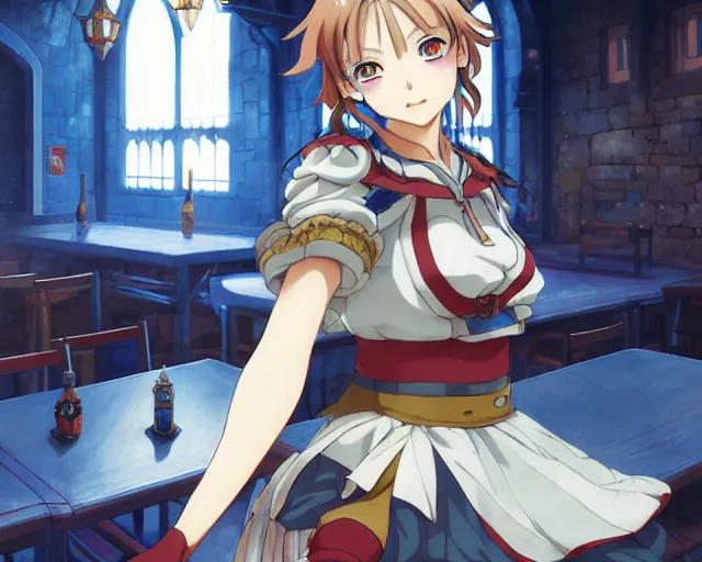 Image similar to anime visual, portrait of a young female in a busy fantasy medieval tavern interior at night, face by yoh yoshinari, murata range, last exile, blue submarine no 6, dynamic pose, dynamic perspective, detailed silhouette, rich texture, seven deadly sins anime, flat, anime cels, matte color, intricate face, fine details