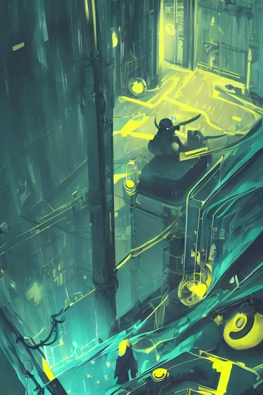 Prompt: teal and yellow colors. Alleyway in style of cytus and deemo, mysterious vibes, set in half-life 2, beautiful with eerie vibes, very inspirational, very stylish, surrealistic, perfect digital art, mystical journey in strange world, bastion game