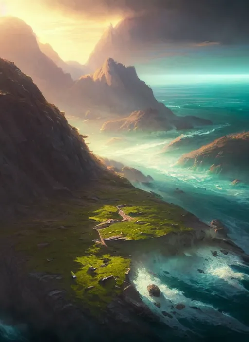 Image similar to nature landscape, aerial view, drone photography, cinematic, mountains and ocean, cinematic view, epic sky, detailed, concept art, high detail, warm lighting, volumetric, godrays, vivid, beautiful, trending on artstation, by jordan grimmer, art greg rutkowski